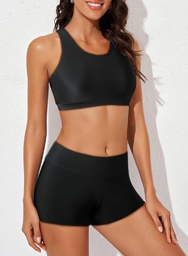 Image of Aleumdr Womens Athletic 3 Piece Tankini Swimsuits with Shorts Swim Tank Tops with Sports Bra and Boyshorts Bathing Suits