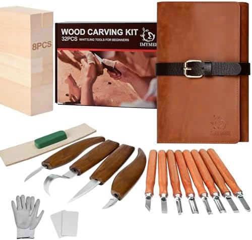 Deluxe Wood Carving Kit with Leather Case,Wood Carving Tools Set with Wood Carving Knife,Detail Knives,Basswood Blocks,Gloves,Strop Block,Polishing Compound for Whittling Kit Hobbies for Adults