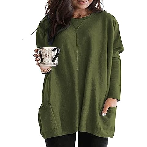 Eytino Womens Plus Size Crewneck Tunic Shirt Casual Long Sleeve Solid Color Sweatshirts Oversized Tops with Pockets,2X Green Cover