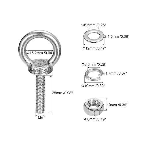 Image of uxcell Lifting Eye Bolt, 10 Sets M6x25mm Eye Bolt with Nut Washer 304 Stainless Steel Shoulder Lifting Ring Eye Bolt for Hanging Item