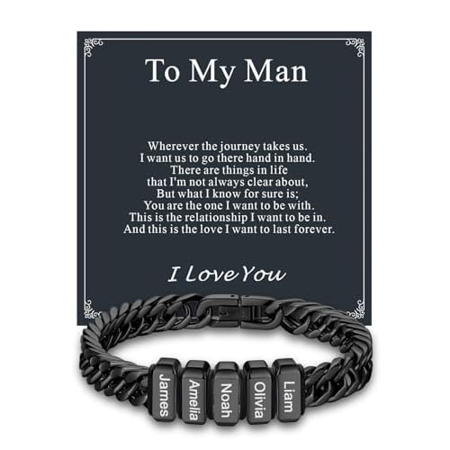 Custom4U Personalized Cuban Link Bracelet for Men, Stainless Steel/18K Gold Plated/Black 1-8 Names Engraved Customized Name Chain Bracelet for Men Jewelry Gifts for Man Dad Husband Father 03