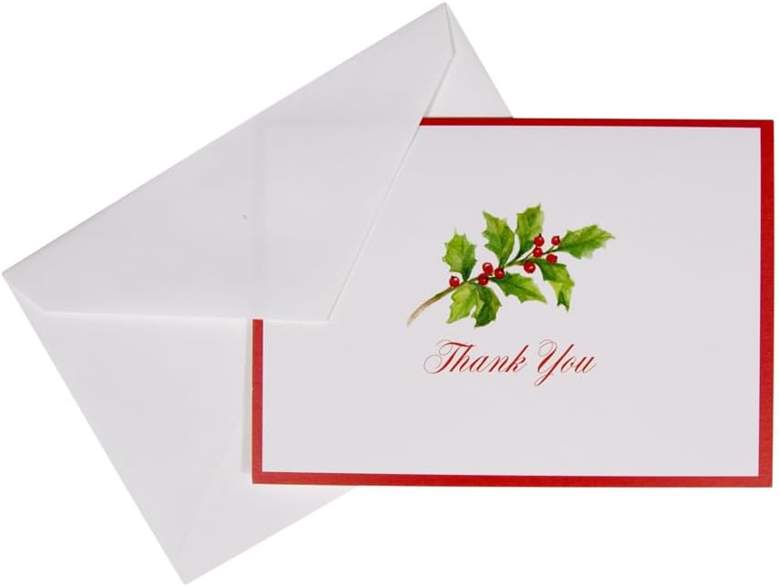 Caspari Holly Sprig Thank You Notes – 8 Elegant Note Cards & Envelopes with Foil Accents, 4" x 6" – Premium Holiday & Everyday Stationery