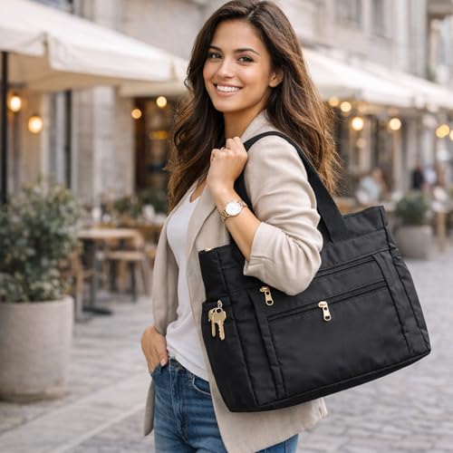 Image of LX LEKHX Tote Bag for Women | Lightweight Shoulder Handbag with 2 Main Zip Compartments & Multiple Pockets | Water Resistant Polyester Fabric | Office, Travel & Daily Use