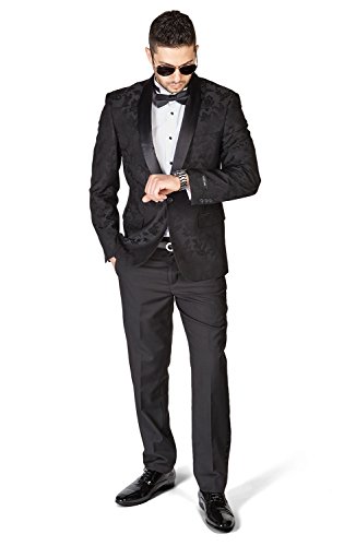 Slim Fit 1 Button Shawl Satin Collar Floral Jacket Tuxedo Black Pants by AZAR 17143