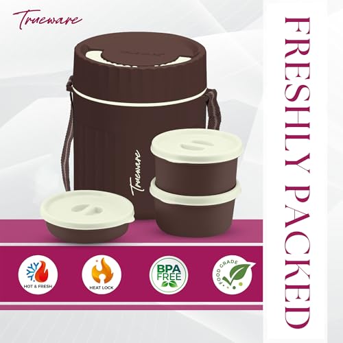 Image of Trueware SNAKK 2 Insulated Hot Lunch Box with 3 PP Container, 2 Container 300 ML Each & 1 Container 200 ML, Food Grade, BPA Free | Office Lunch Box | Tiffin Box