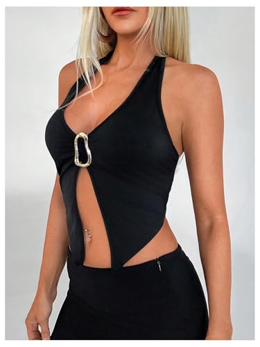 SOLY HUX Women's Halter Top V Neck Sleeveless Split Hem Backless Y2k Crop Tank Tops3