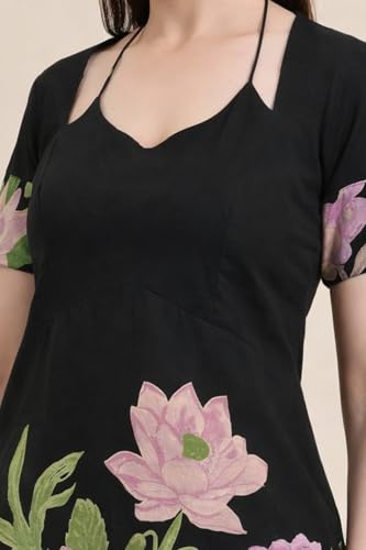 Image of Women's Floral Pure Cotton V-Neck Short Kurti (Has Lining) | Lightweight Short Sleeve Tunic | Breathable Stylish Casual & Office Wear Top