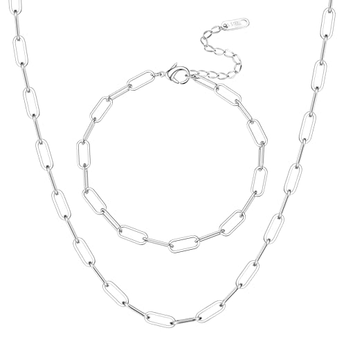 Adramata Halskette und Armband Set für Damen - Paperclip Edelstahl 18K Vergoldet Schmuck - Stapelbar Wasserfest in Rosegold/Silber/Gold
