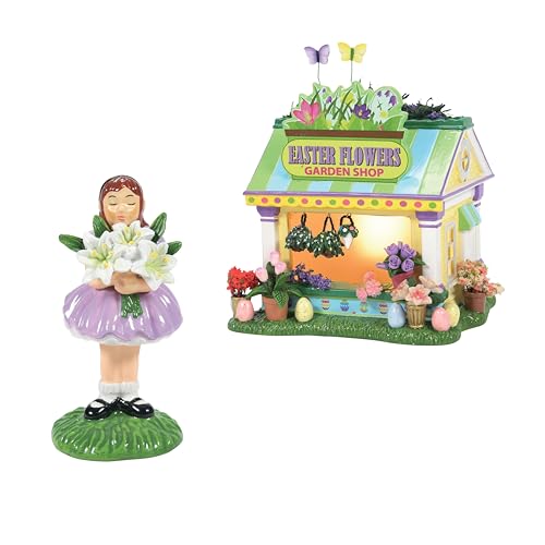 Department 56 Snow Village Easter Gardens Flower Shop and Girl Holding a Bouquet Lit Building and Figurine Set, 5.39 Inch, Multicolor