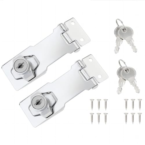 MovFlax 2 Packs Keyed Hasp Locks, Twist Knob Keyed Locking Hasp, Stainless Steel Safety Hasp Padlock Latch for Small Doors, Cabinets, Drawers, with Keys and Screws, 3 Inch, Silver