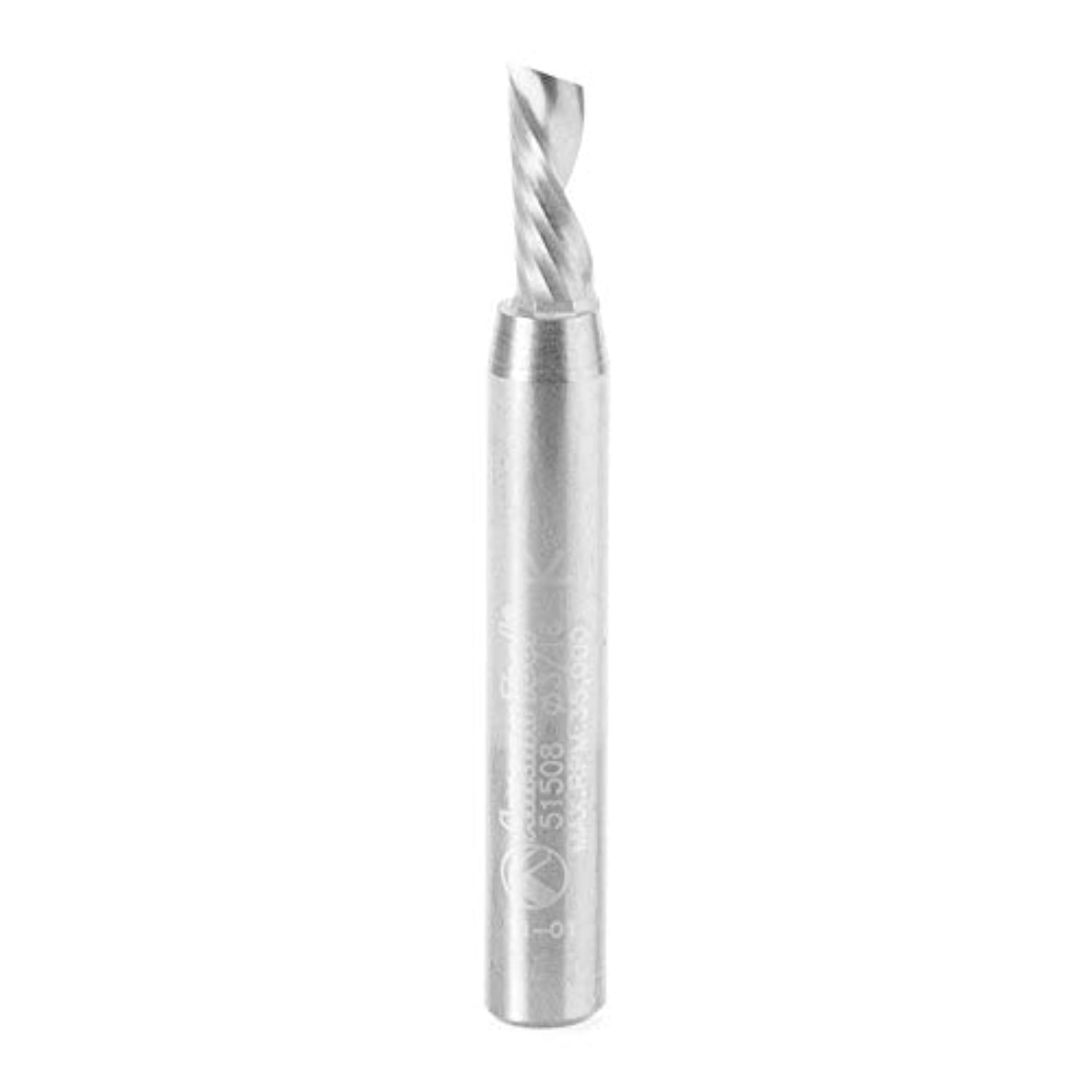 Amana Tool 51838 CNC SC Spiral O Single Flute Aluminum Cutting 3/16 D x 5/8 CH x 1/4 SHK x 2 Inch Long Down-Cut Router Bit with Mirror Finish