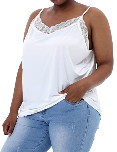 VIKIDEER V Neck Plus Size Camisoles for Women Adjustable Lace Oversize Cami Undershirt Spaghetti Strap Lace Tank Top White 3XL