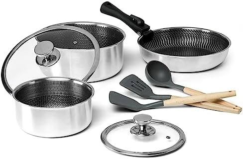 10 Piece Stainless Steel Pots and Pans Set RV Cookware Sets Nonstick Kitchen Cookware Set W/Detachable Handle Induction Cookware Set Works with Electric/Gas Cooktops