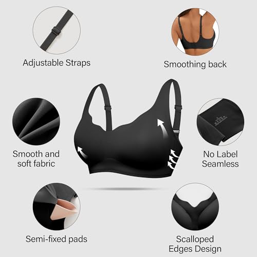 DEANGELMON Bras for Women No Underwire Seamless Wireless Bra Comfort Everyday Scalloped V Neck Bralette (Black,M) — view 3