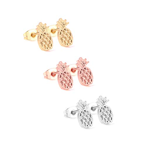 LUXU kisskids 3 Pairs Stainless Steel Grind Arenaceous Pineapple Stud Earrings for Women Girls,Gold Rose Gold Silver