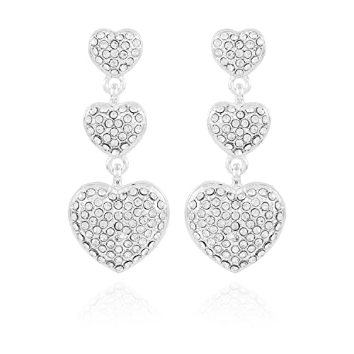 Guess Silvertone Triple Pave Crystal Glass Stone Heart Linear Dangle Drop Earrings #TOP14