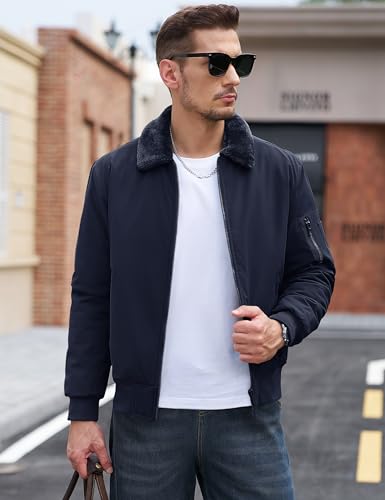 Image of TACVASEN Men's Fleece Jacket Full Zip Up Warm Bomber Jackets for Daily Wear | Winter thick jacket coat for men , fur collared bomber style with 4ple pockets for travel, outdoor walking