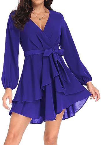 Image of PCEAIIH Women's Cocktail Dresses Long Sleeve Empire Skater Dress Deep V-Neck Waist Tie Ruffle Mini Swing Dresses L Royal Blue