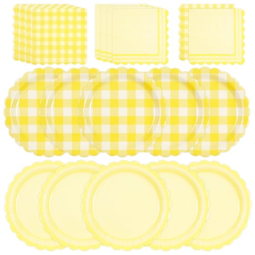 PUEVENYI 48PCS Yellow Gingham Paper Plates and Napkins Sets -