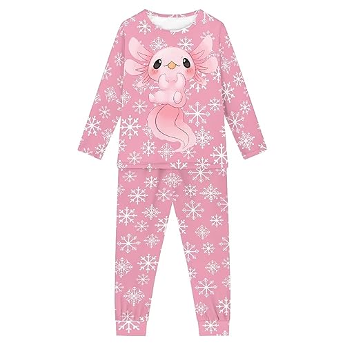 Howilath Christmas Kids' Pajamas Suit Snowflake Lounge Wear Axolotl Xmas Pink Sleepwear Long Sleeves Nightwear for Teen,age 11-12