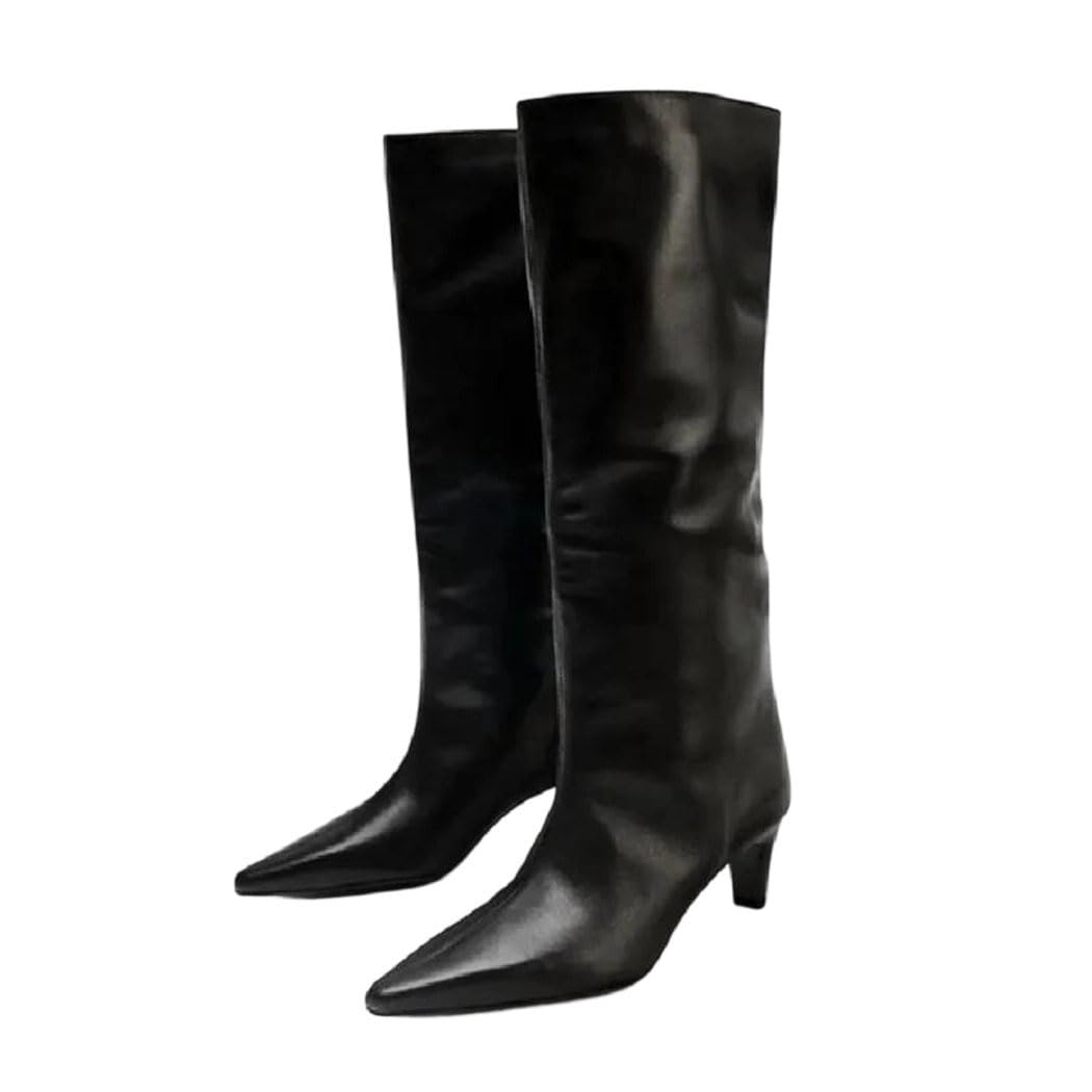 Women Kitten Heel Pointed Toe Soft Leather Boots Winter Casual Office Work Fashion Long Boot