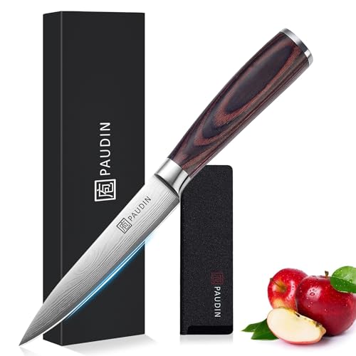 PAUDIN Utility Knife, 5 Inch Chef Knife, Ultra Sharp High Carbon Stainless Steel, Multipurpose Paring Knife for Fruit and Vegetable Cutting with Wooden Handle, Premium Gift Box