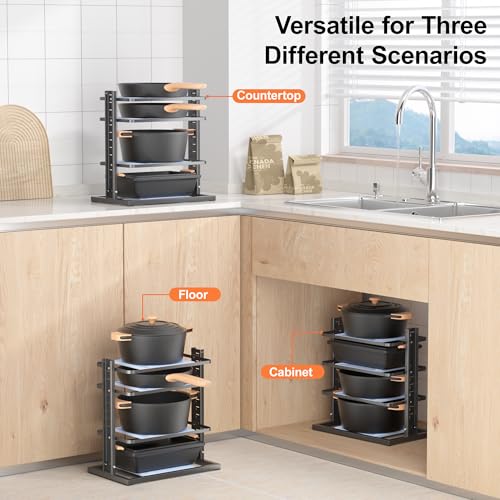 LAMU Pots and Pans Organizer for under Cabinet, 4-Tier Heavy Duty Pan Pot Organizers inside Cabinet, Adjustable Pot Rack Kitchen Cabinet Organization and Storage Holds up to 12" Cookware - Image 3