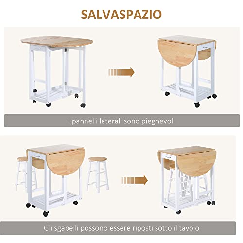 homcom Set 3 Pezzi con Tavolo Pieghevole e 2 Sgabelli, Carrello da Cucina Salvaspazio con 6 Ruote, Bianco e Legno