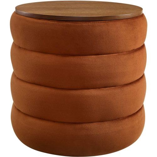 Round Storage Ottoman with Wooden Lid | Upholstered Pouf Stool for Living Room & Bedroom | Multipurpose Footrest, Side Table & Seating | Modern Compact Home Furniture - Brown-image-47