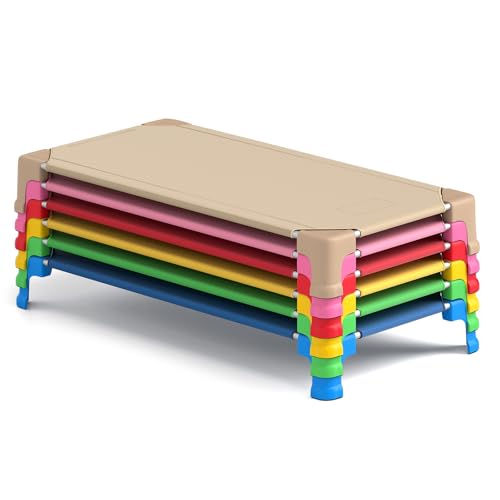 CLEEMAN 6 PCS Daycare Cots for Kids, Ready-to-Assemble, Stackable Portable Nap Cot with Sturdy Metal Frame & Easy Lift Corners, Space-Saving Preschool Cots for Toddler Child Pet, 53”L x 24”W