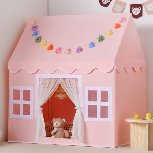 Wilwolfer Tienda de campaña Infantil: Jugar en Interiores y Exteriores - Tipi Casita Infantil con Guirnalda de borlas y Alfombra - Casa Grande para Niñas y Niños