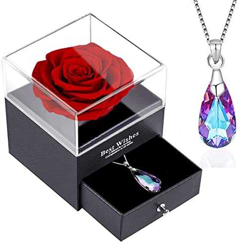 Rose Eternelle avec Bijoux Argent 925,Collier Femme Cristal boîte de Roses,Gouttelettes d'eau Pendentif ,Roses Conservées Stabilisée Rouge,Cadeau pour Elle la Noël,La Saint-Valentin,Fête des mères Cover