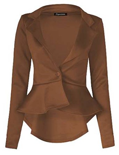 FashionMark Womens Plain Crop 1 Button Peplum Frill Blazer Jacket Coat Mocha - //coolthings.us