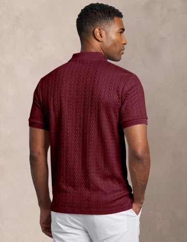 Image of JMIERR Men's Cable Knit Polo Shirts Elasticity Short Sleeve | Men's cable knit polo shirt with elasticity, machine wash, short sleeve, breathable textured knit for spring summer