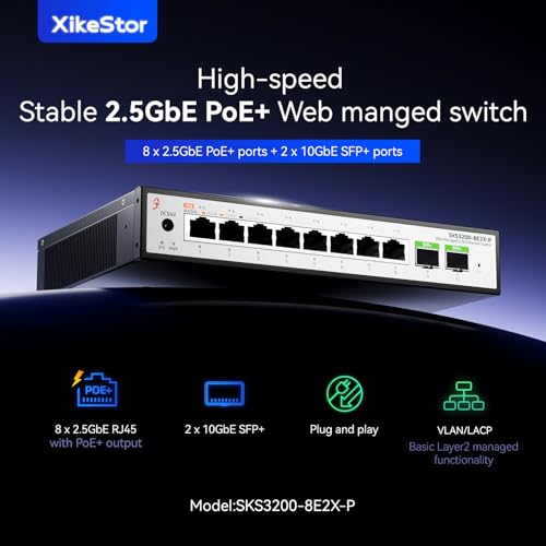 Image of 10-Port 2.5Gb Managed PoE Switch, 8X 2.5G PoE+ Ports (30W /Port, 100W Total), 2 x 10G SFP+, Fanless,Desktop /Wall Mount, for IP Cameras, NAS, WiFi 6 /7 APs