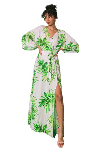 Flying Tomato Bohemian Wrap Tropical Maxi Dress - Short Ruffle Sleeves Self  Sash Tie Sundress 18636AZ_Ivory/Green S at Amazon Women's Clothing store