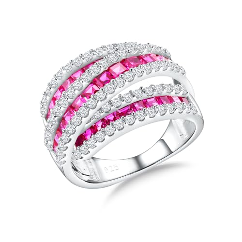 Red Ruby Criss Cross Rings for Women Silver Chunky Cocktail Statement Ring