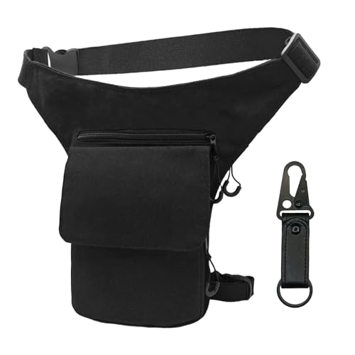 AHR Quality Riñonera Pierna (Gran Capacidad) Riñonera Moto Lateral Pernera Moto Hippie con Cremallera, Riñonera Trabajo Militar 3 Bolsillos y Doble Sujeción Unisex Color Negro (Solapa)