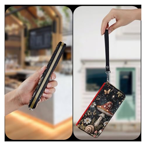 Wristlet Wallet for Women Teen Girls Womens Wallet RFID Blocking Credit Card Holder with Removable Wristlet,Leather Phone Wallet Clutch Large Capacity Ladies Travel Purs,Mushroom and Butterfliy4