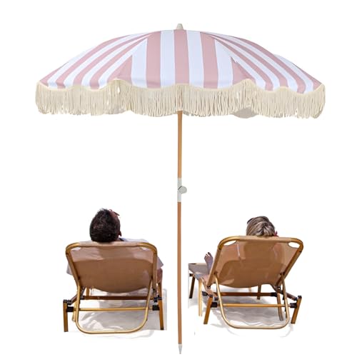 Sombrilla de playa de 200 cm con flecos decorativos y lona de rayas rosas