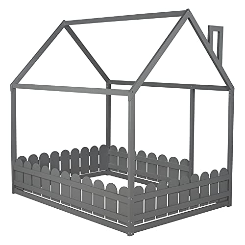 Kids House Beds, Full Floor Bed With Fence Wood Cabin Bed Frame Can Be Decorated For Teens, Girls, Boys, Adults, Gray #TOP6