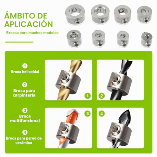Miniatura 7 de Eplzon 3 4 5 6 7 8 9 10 Mm 8 Piezas De Acero Inoxidable Anillos De Tope De Profundidad Broca Profundidad Anillo Taladro Anillo Posicionador Hss Locator, Con La Llave Hexagonal