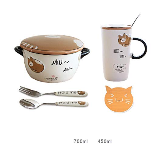 Teller Niedliche Katze Muster Keramik Instant Nudel Schüssel Obst Salatschüssel Mit Deckel Suppe Schüssel Anti-Verbrühung Ramen Schüssel Küchentisch 0