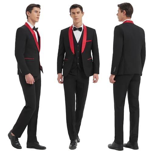 Beauty-Emily Men 3 Piece Slim Fit Suit Set One Button Solid Jacket Vest Pants Black Red XL2