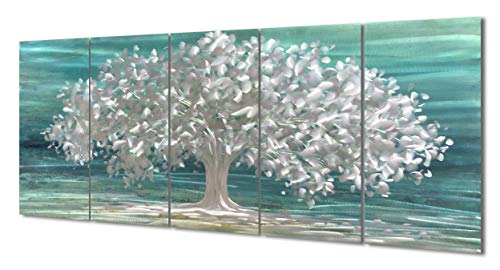 Art mural en métal bleu sarcelle, tableau arbre de vie aluminium argent 5 pièces chambre