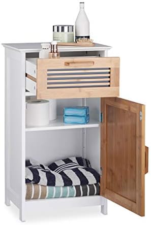 Relaxdays Narrow Bathroom Cabinet, Drawer, Natural Look, Height-Adjustable Shelf; MDF, HWD: 70x40x28.5cm, White