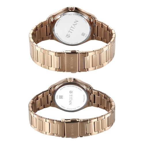 Image of Titan Modern Bandhan Pair Analog with Black Dial Carnation Gold Stainless Steel Strap Watch for Couples - 9401694216WM01