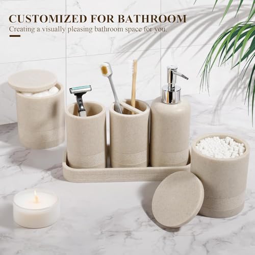 Bathroom Accessories Set, 6-Piece Bathroom Accessory Set, Toothbrush Holders Set, Soap Dispenser, Vanity Tray, Tumbler, Cotton Swab Jars, Bathroom Organizer for Modern Bathrooms(Beige) by YMXYJM - Image 3