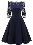 LA ORCHID Laorchid Damen Rockabilly Kleid Knielang elegant Sommerkleid Damen Vintage Spitze cocktailkleid Off Shoulder Abendkleid Kleider Brautjungfernkleid Dunkel Blau 2XL(EU 44)