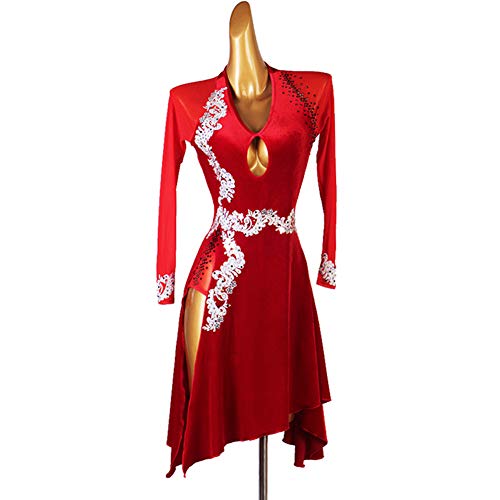 Women's Performance Latin Dance Dress Appliques Crystals Rhinestones Long Sleeve Spandex (Red,S) #TOP1